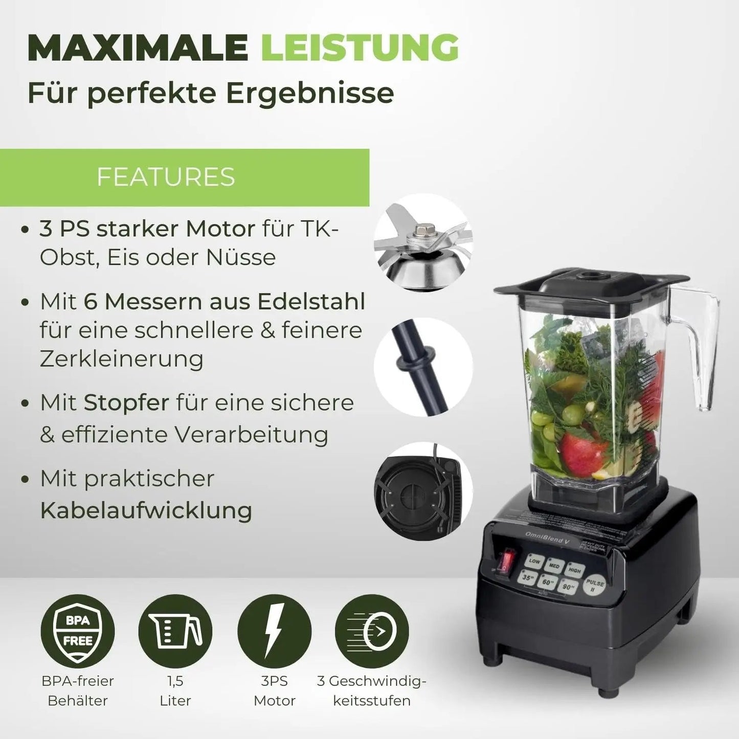 JTC OmniBlend V TM-800A schwarz 1,5 Liter Hochleistungsmixer BPA-frei Standmixer Smoothie Mixer