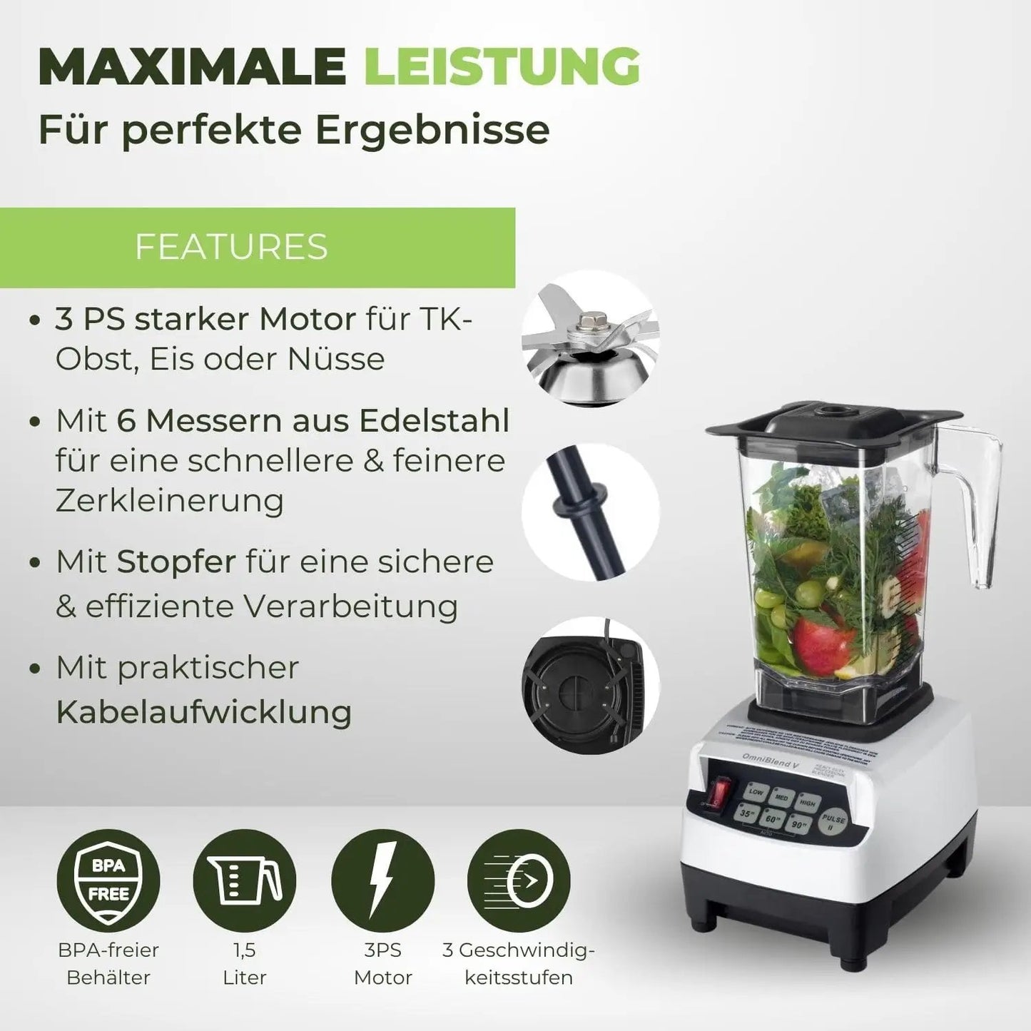 JTC OmniBlend V TM-800A perlweiß 1,5 Liter Hochleistungsmixer Produktdetails